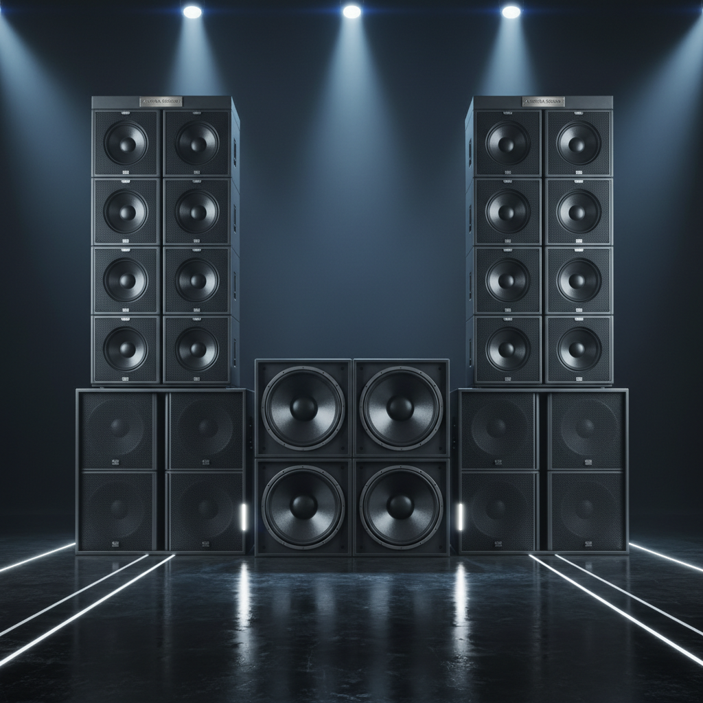 Professional subwoofer speaker stacks and PA system in dark venue with atmospheric lighting