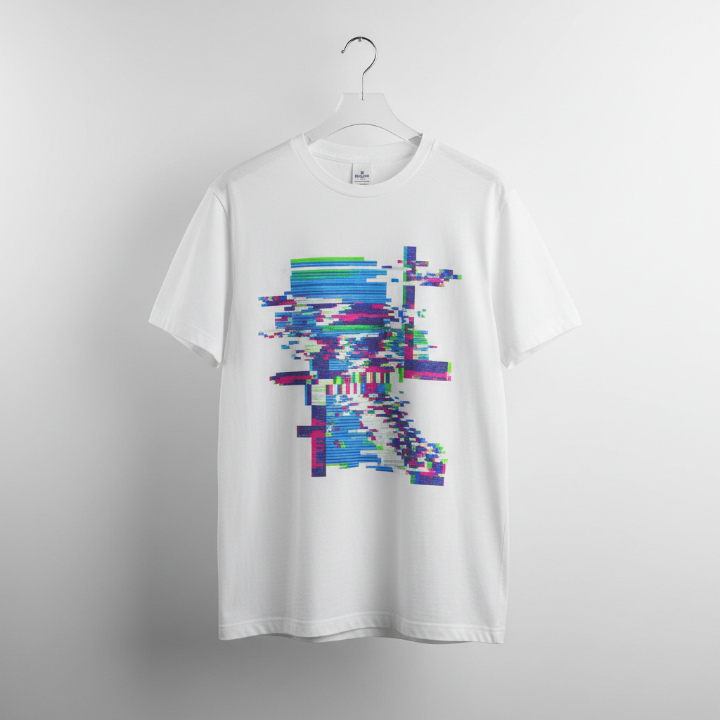 White tee with botanical glitch print design