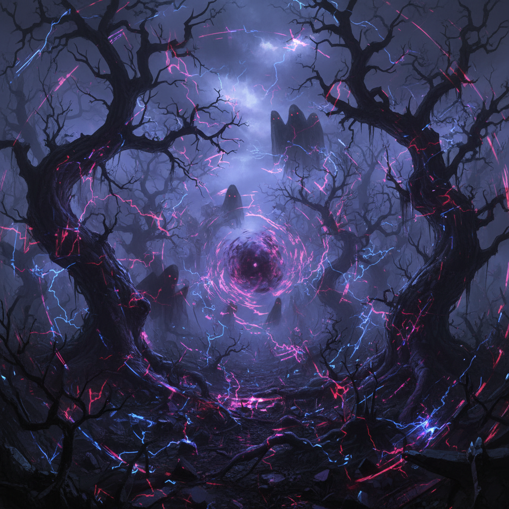 Dark supernatural scene with glowing cursed energy in purple and blue tones