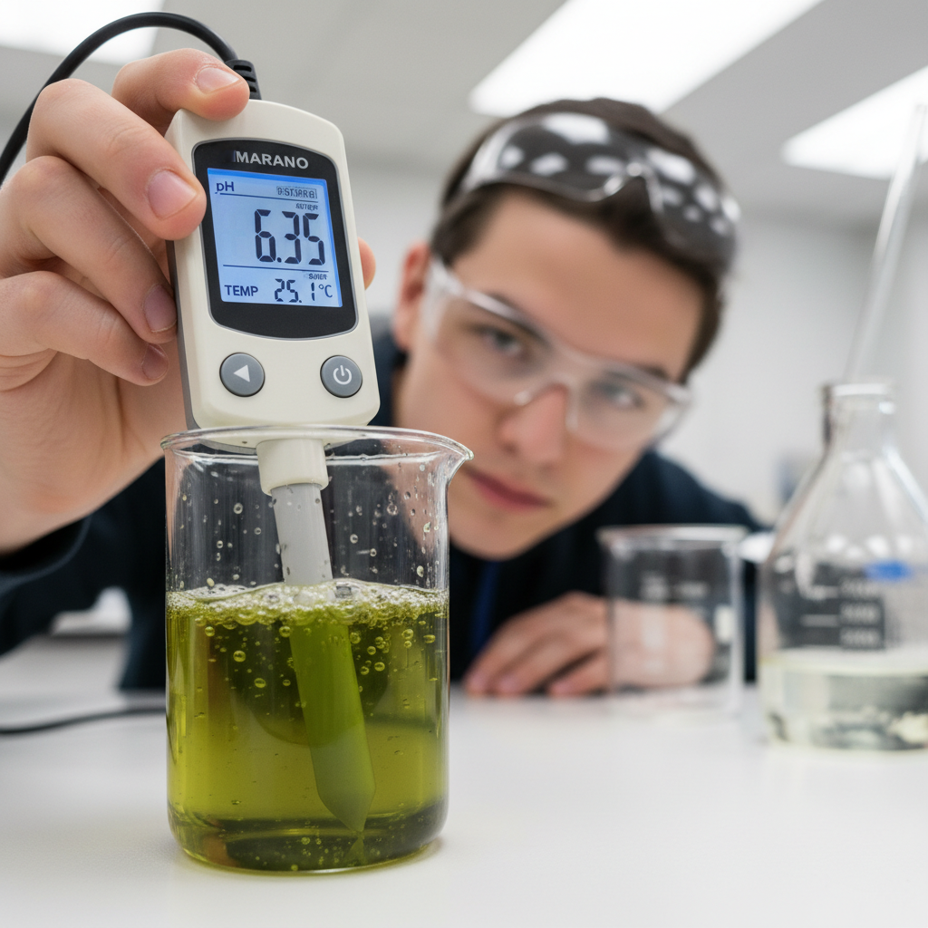 Digital EC and pH meter being dipped into nutrient solution in a hydroponic reservoir, white background clean studio shot