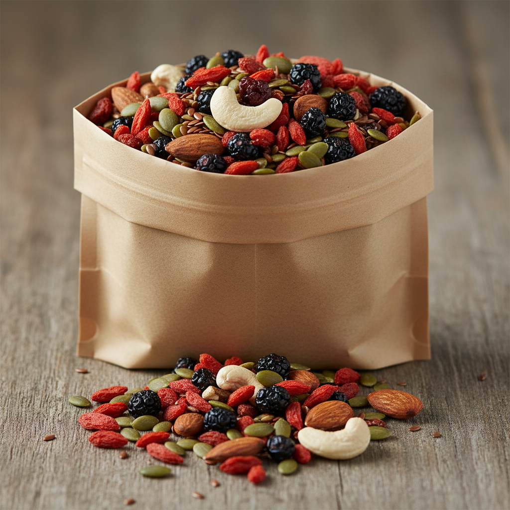Colorful trail mix with nuts, seeds, and dried cranberries