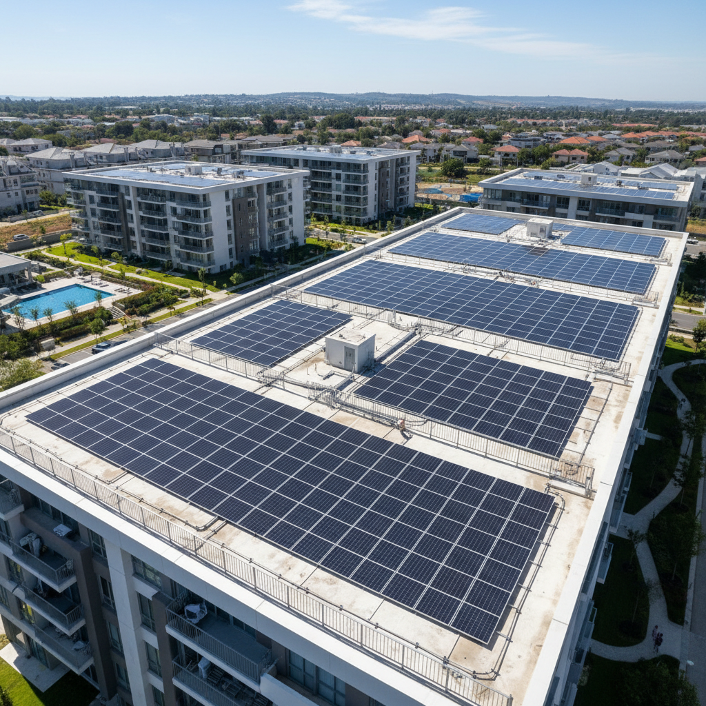 Residential township rooftop solar installation on multiple apartment buildings