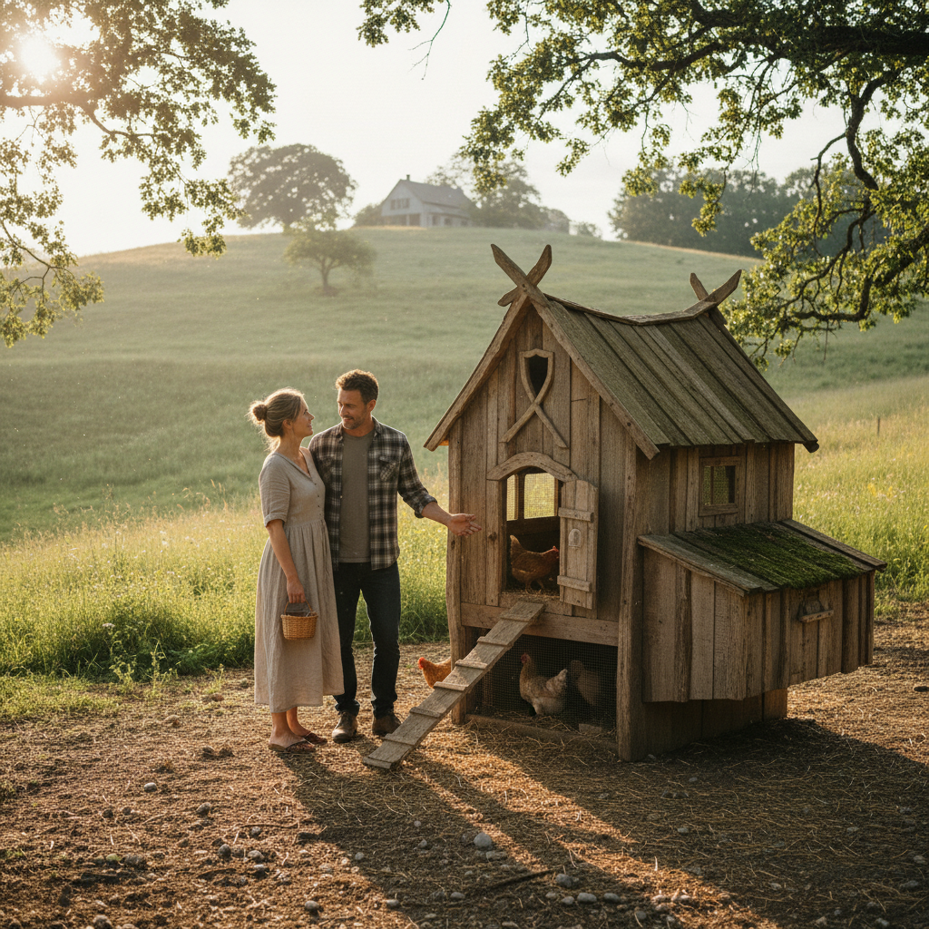 Callum and Priya Whitmore, a couple standing next to their hand-built chicken coop
