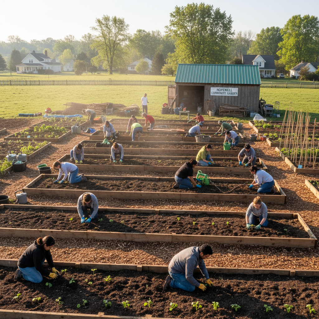 Community members working together in a garden, hands planting seedlings in rich dark soil