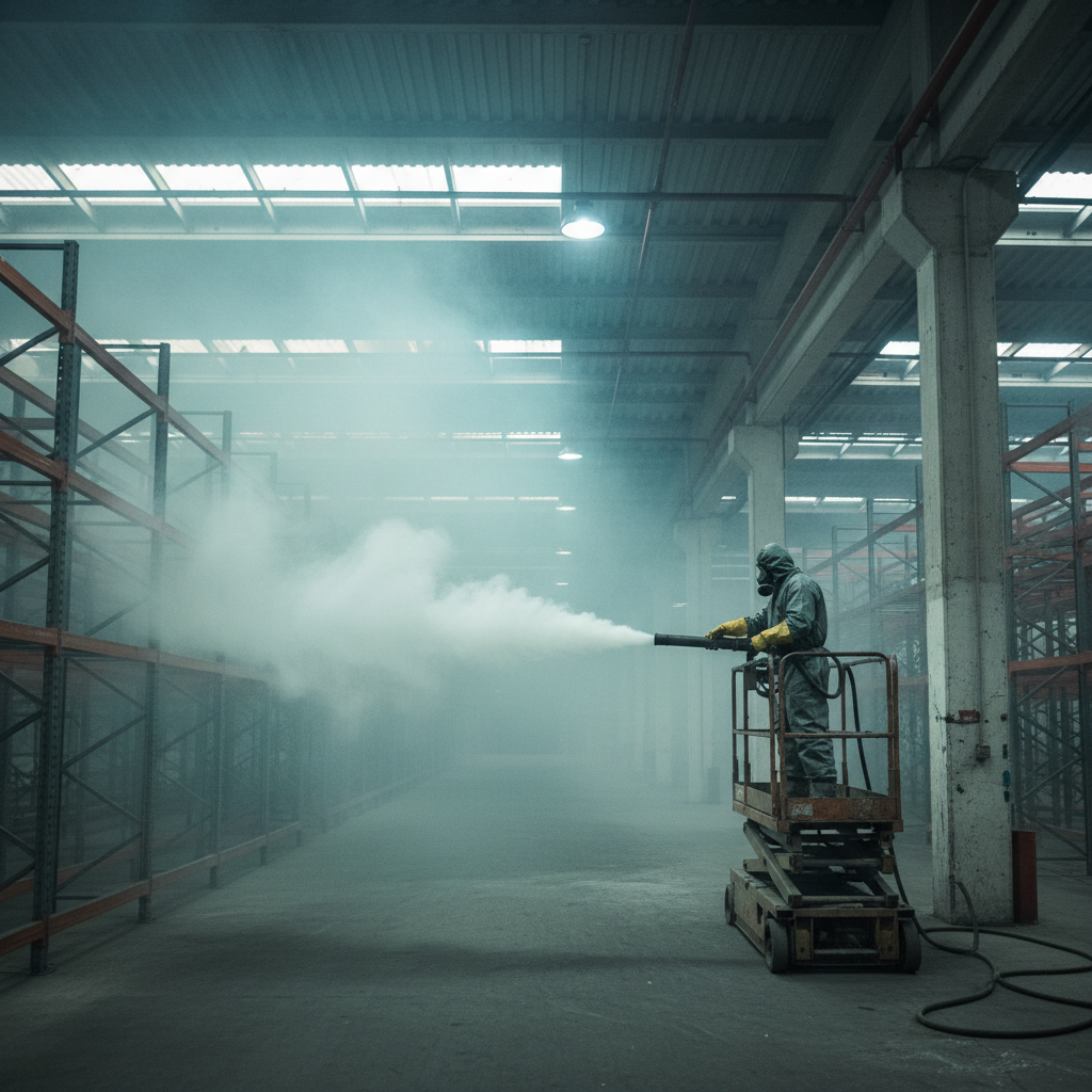 Fumigation specialist in white hazmat suit and respirator performing industrial fumigation treatment in a large warehouse