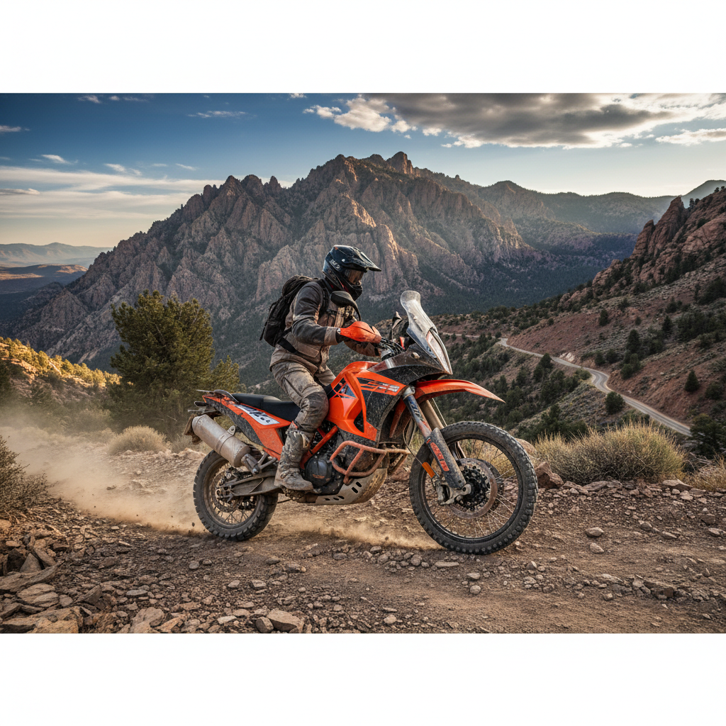 Adventure tourer motorcycle on a dusty mountain trail with dramatic sky