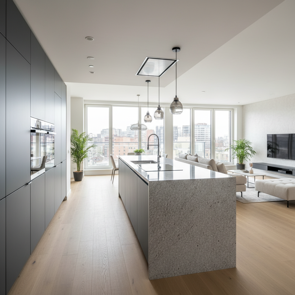 Moderne Einbauküche im Apartment, hochwertige Ausstattung, kompakt, hell