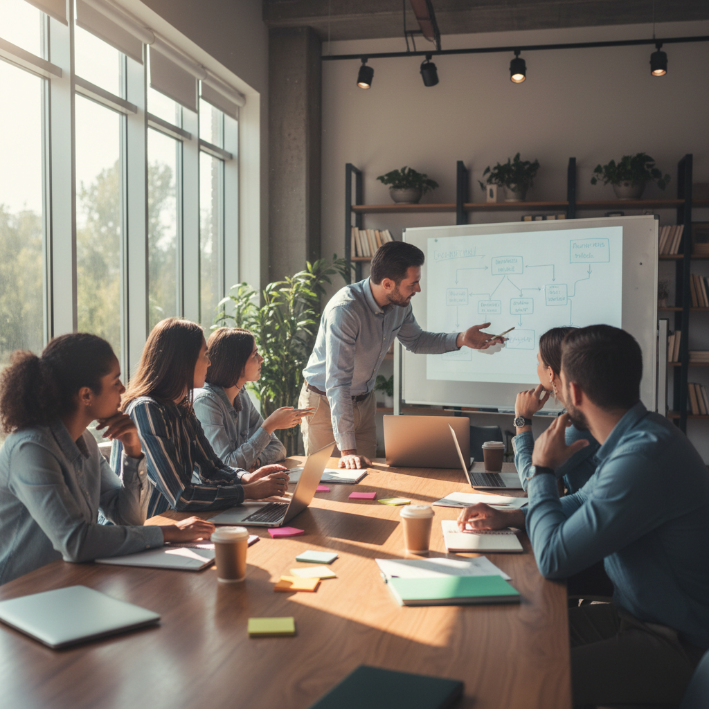 Young men in a mentorship session in a bright classroom, engaged and attentive, warm natural light