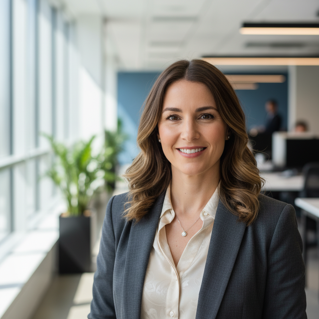 Professional headshot of female executive, bright office background