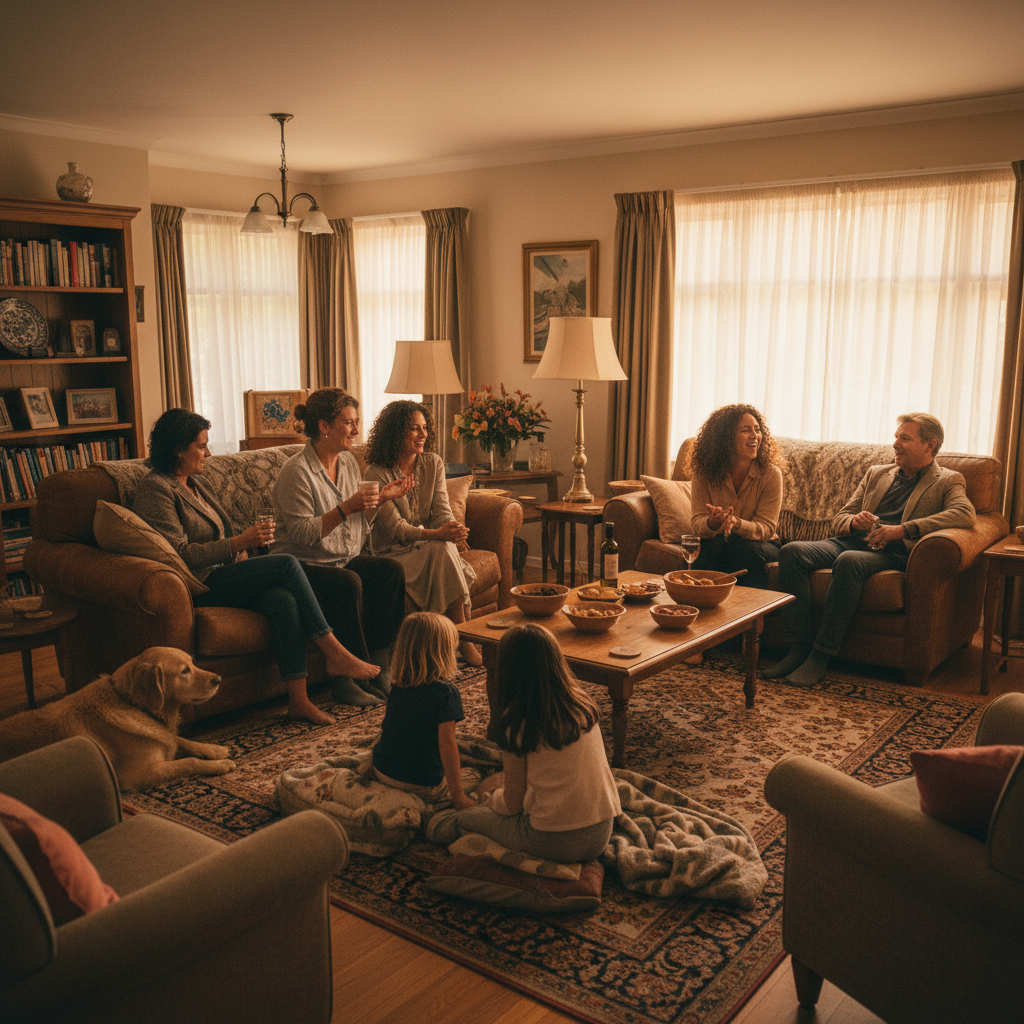 Familia reunida en sala de estar con ambiente cálido