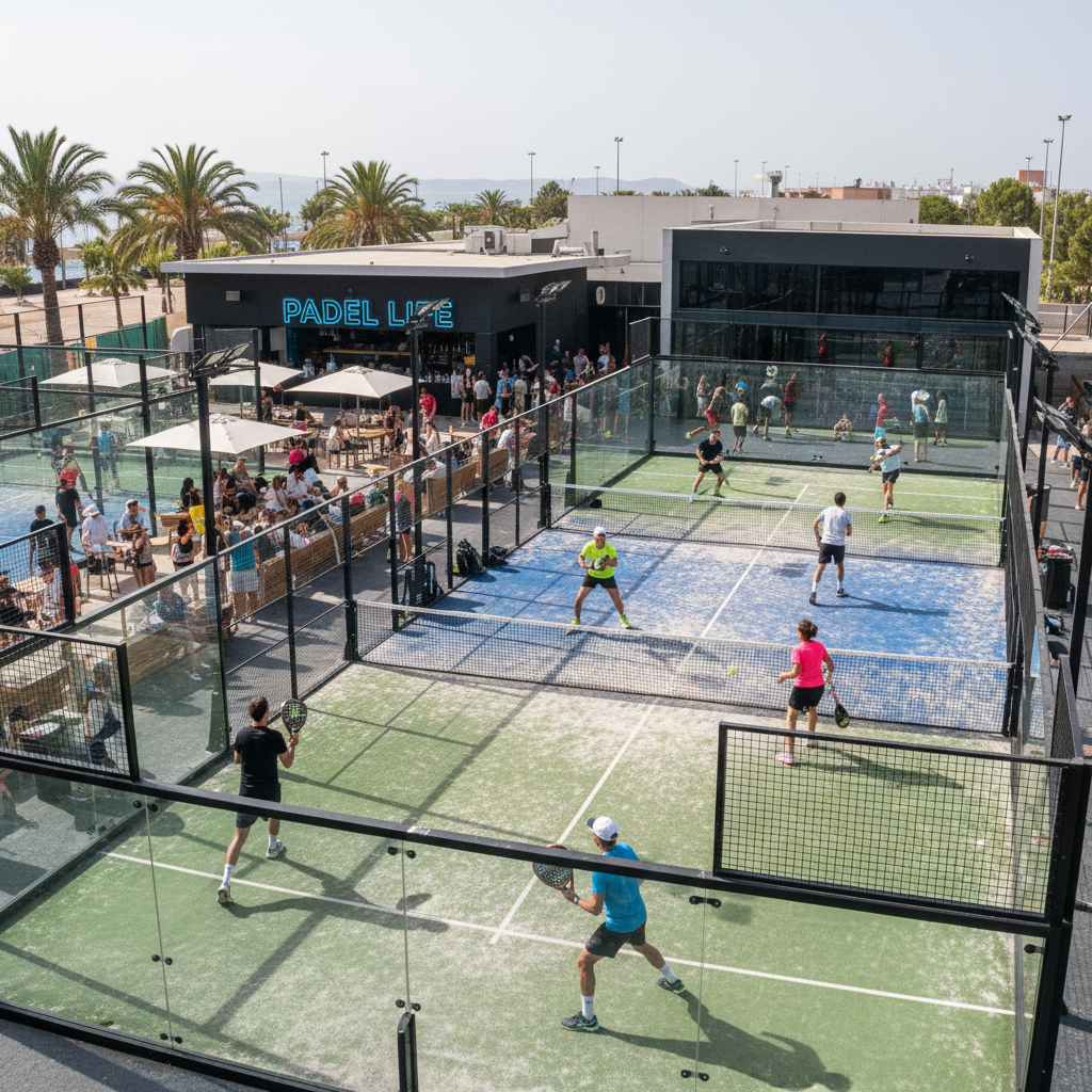Busy padel club with players warming up, social area buzzing, all courts occupied