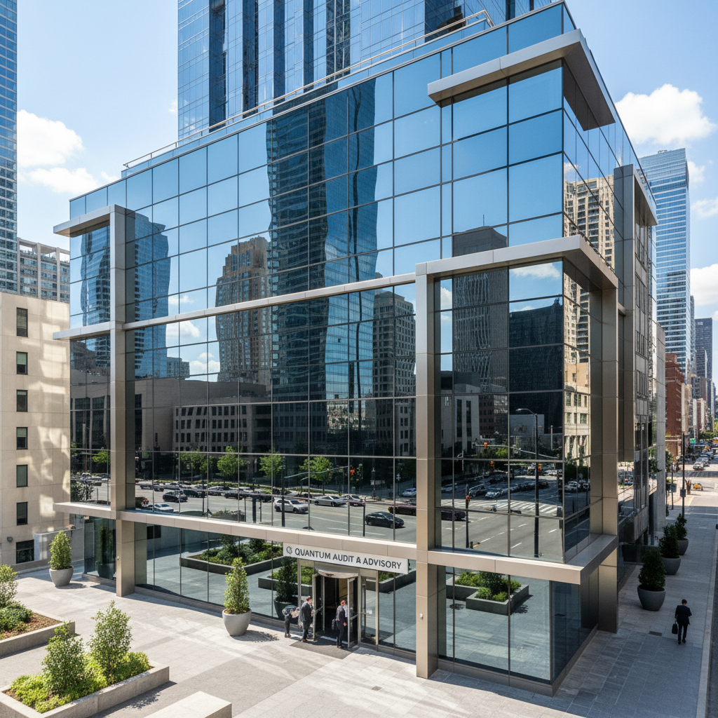 Modern CPA firm office building exterior with glass facade in downtown setting