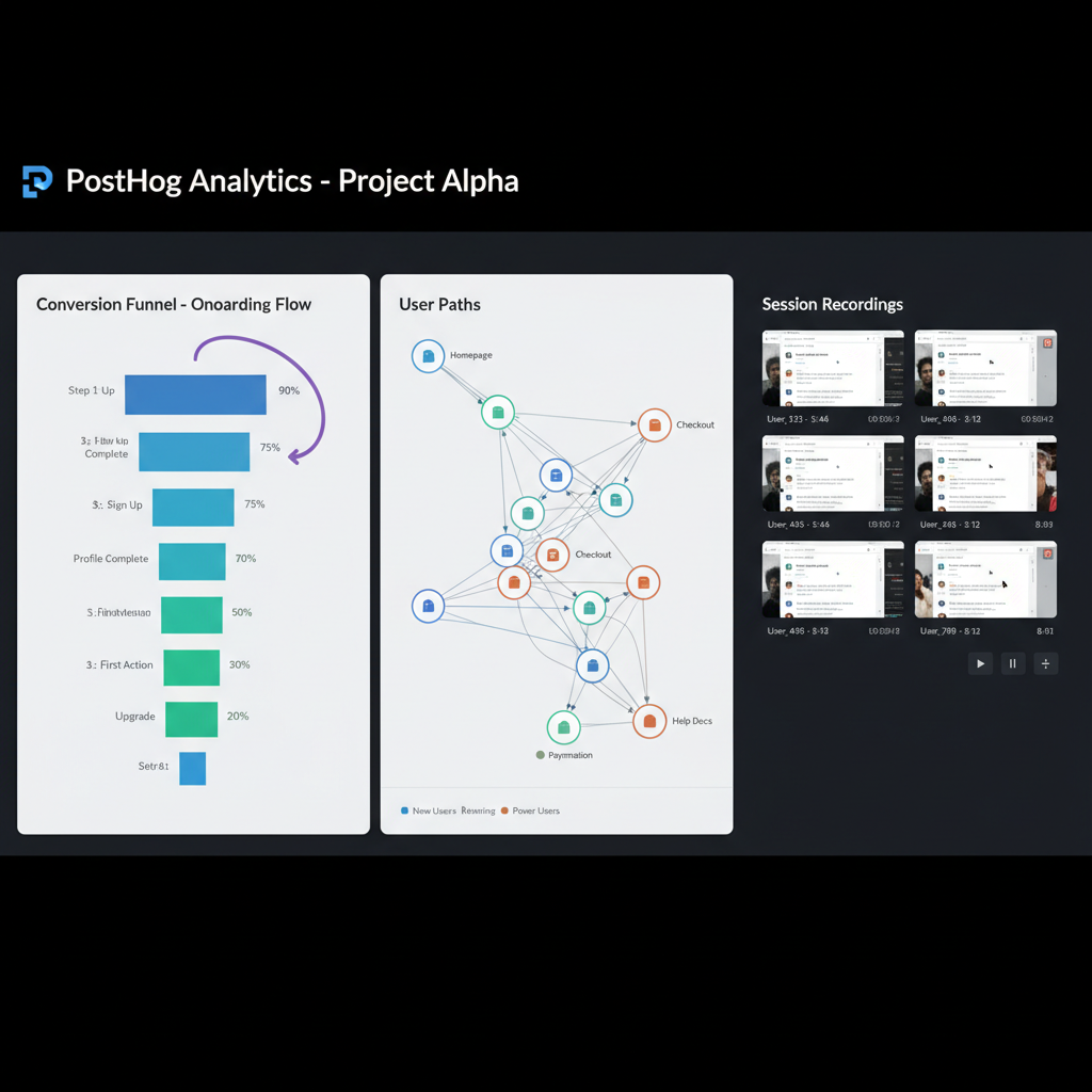 PostHog analytics dashboard with funnel charts, user paths, and session recording thumbnails