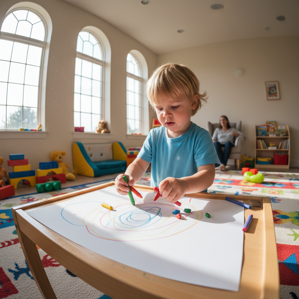 Young child drawing with crayons in a bright supervised playroom
