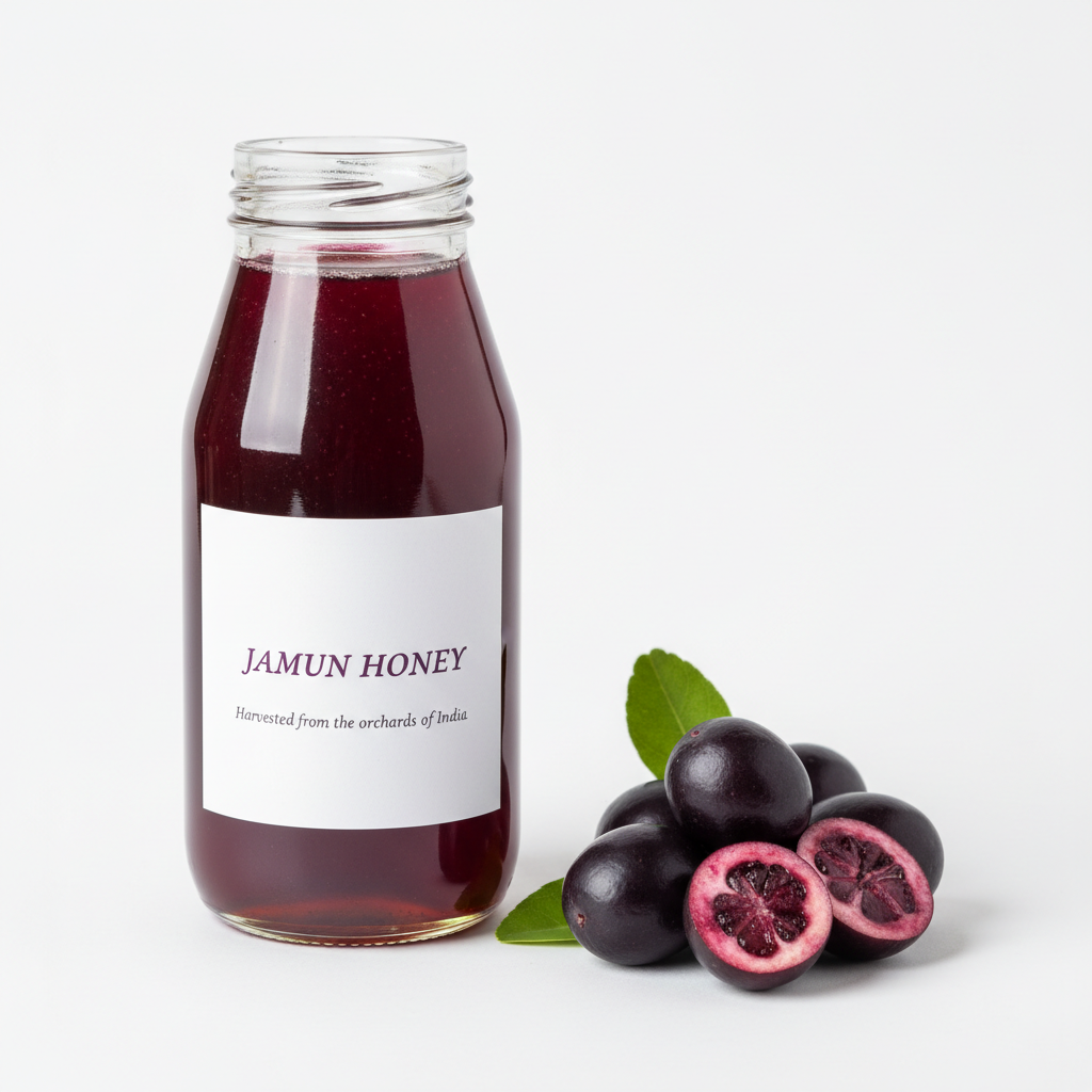 HIVON Jamun Honey with deep amber colour and natural Jamun fruit