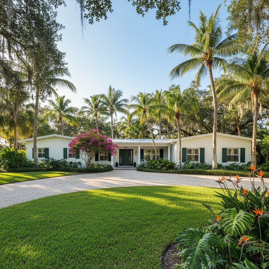 Beautiful residential home in Bonita Springs Florida with tropical landscaping