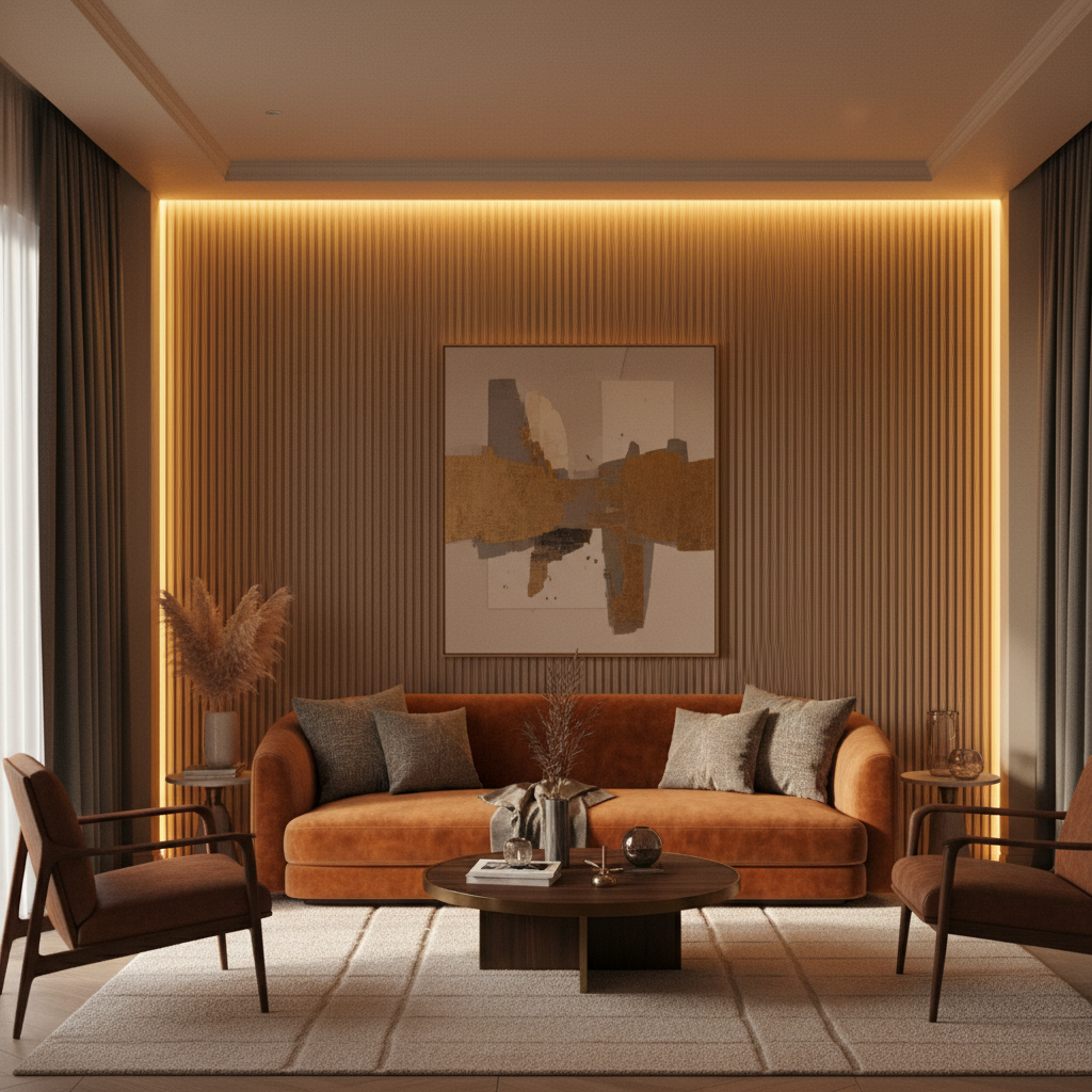 Architectural fluted wood wall panels with ambient backlighting in premium residential corridor
