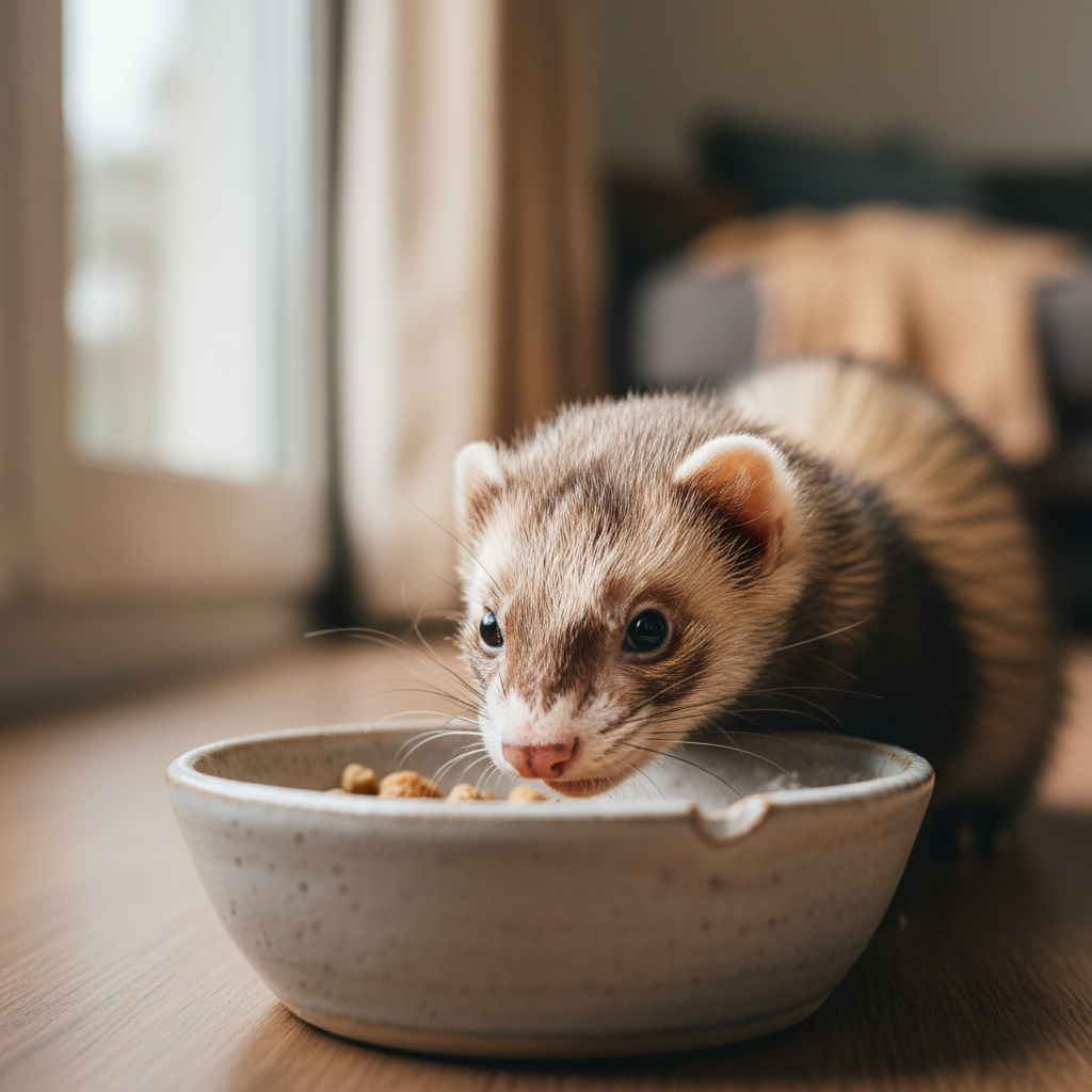 Noodle the ferret investigating a food bowl with alert eyes
