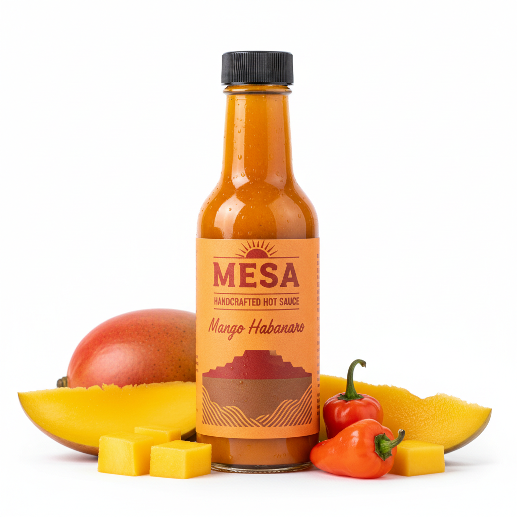 Amber-orange Mesa branded hot sauce bottle with orange label on white background with mango slices