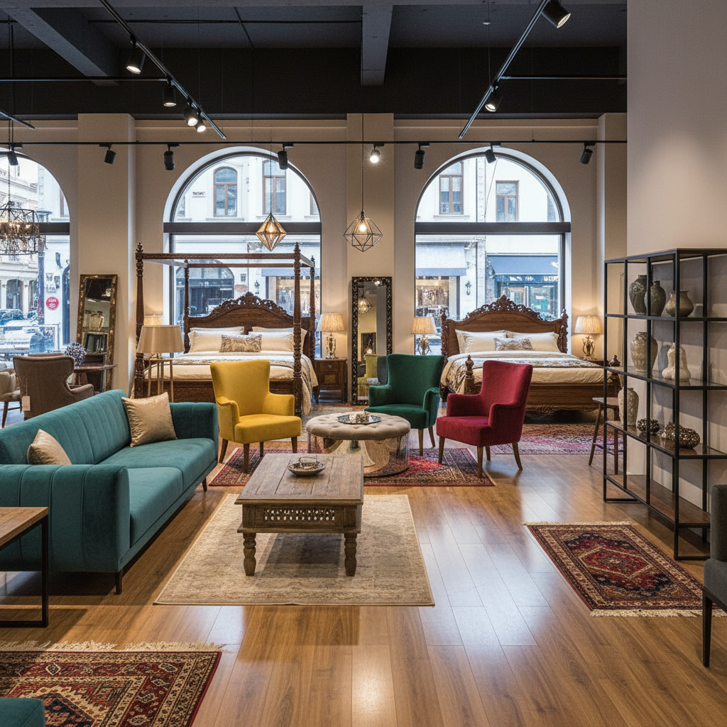 Spacious furniture showroom with well-lit display of sofa sets and coffee tables