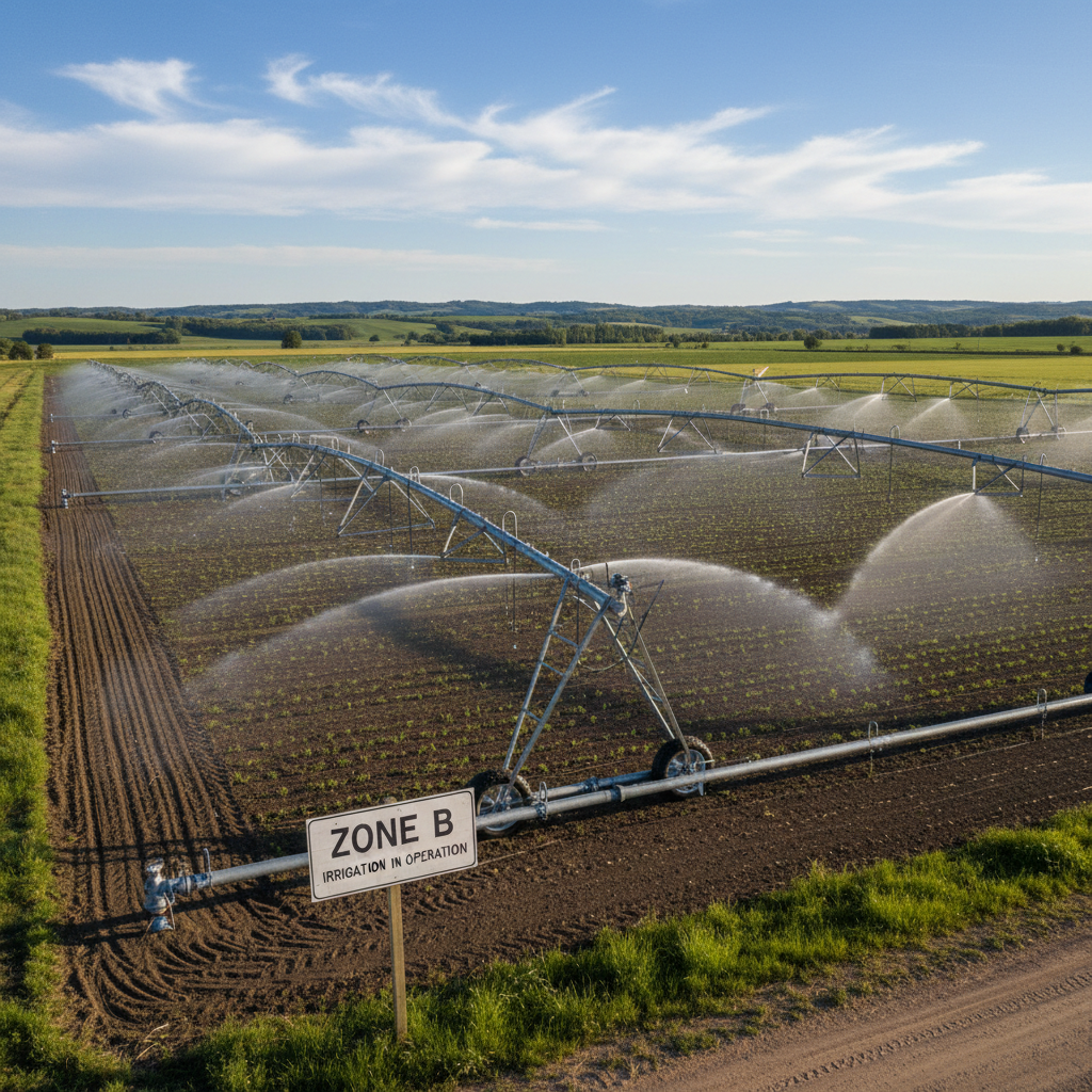 Farm irrigation system in field, green crops, clear sky, sunny day