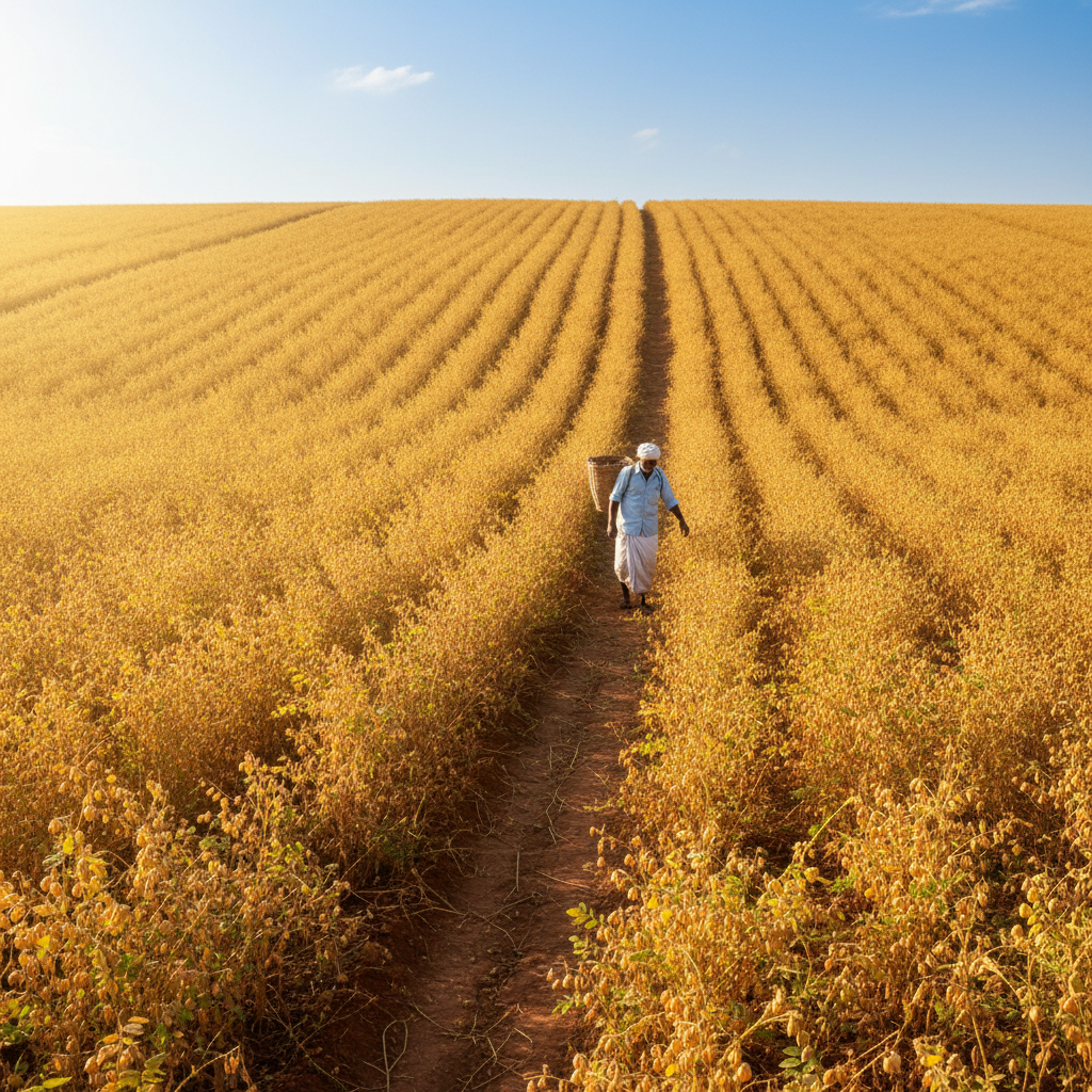 Golden chickpea fields in Tamil Nadu with bright sun, farmer walking between rows