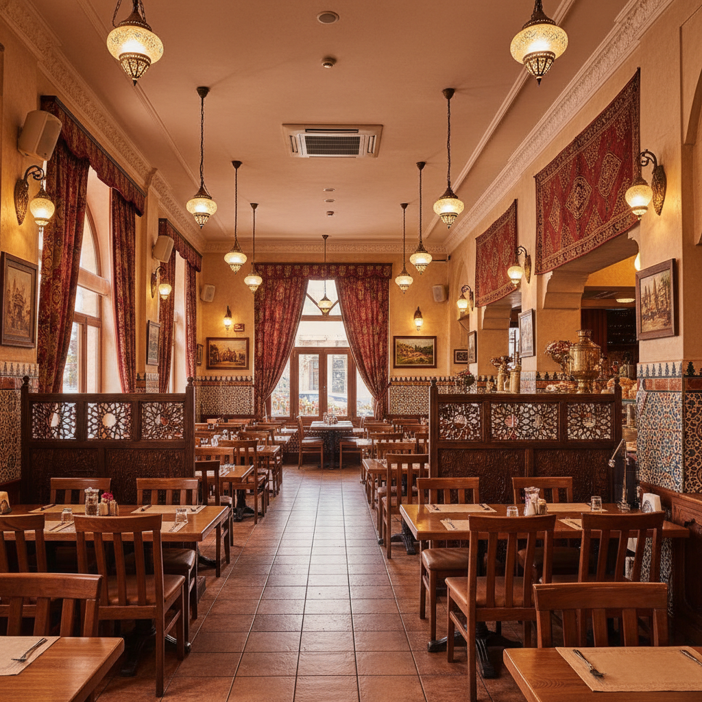 Warm inviting restaurant interior with Middle Eastern decor, bright lighting and welcoming atmosphere