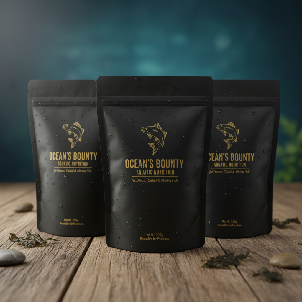 Premium resealable matte black pouches of specialty fish food on a wooden surface with condensation