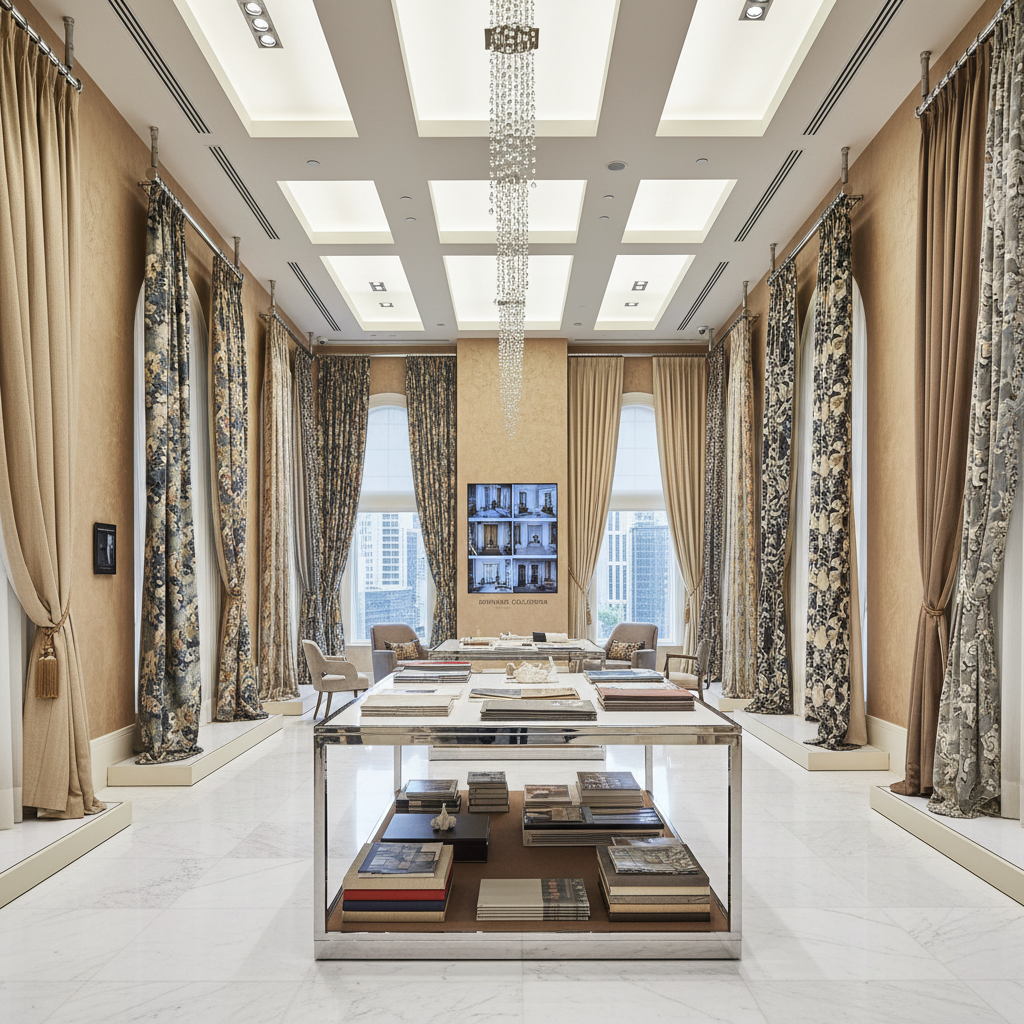 Luxury curtain showroom gallery displaying signature collections with full-scale installations and premium fabric samples