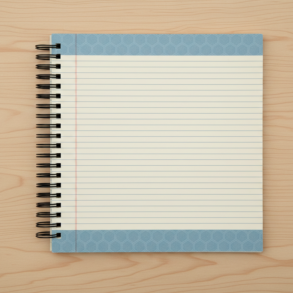 Generic ruled spiral notebook on a desk with basic ballpoint pen