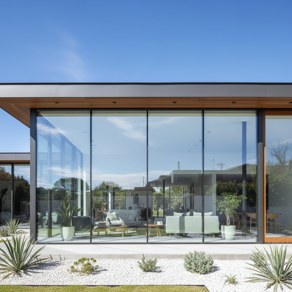 Contemporary new-build European home exterior, clean modern architecture, large glass windows, sustainable design, blue sky, green surroundings