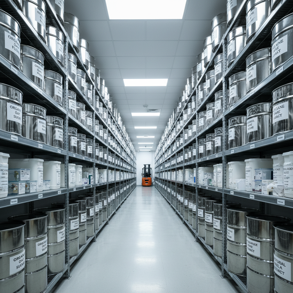 Industrial warehouse shelving stacked with labeled ingredient drums and containers in a sterile food-grade facility