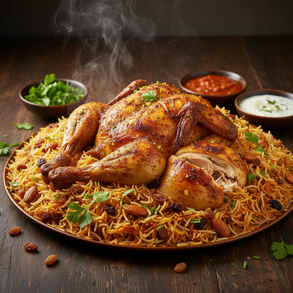 Whole slow-cooked chicken mandi platter on saffron rice with spices in dark atmospheric setting