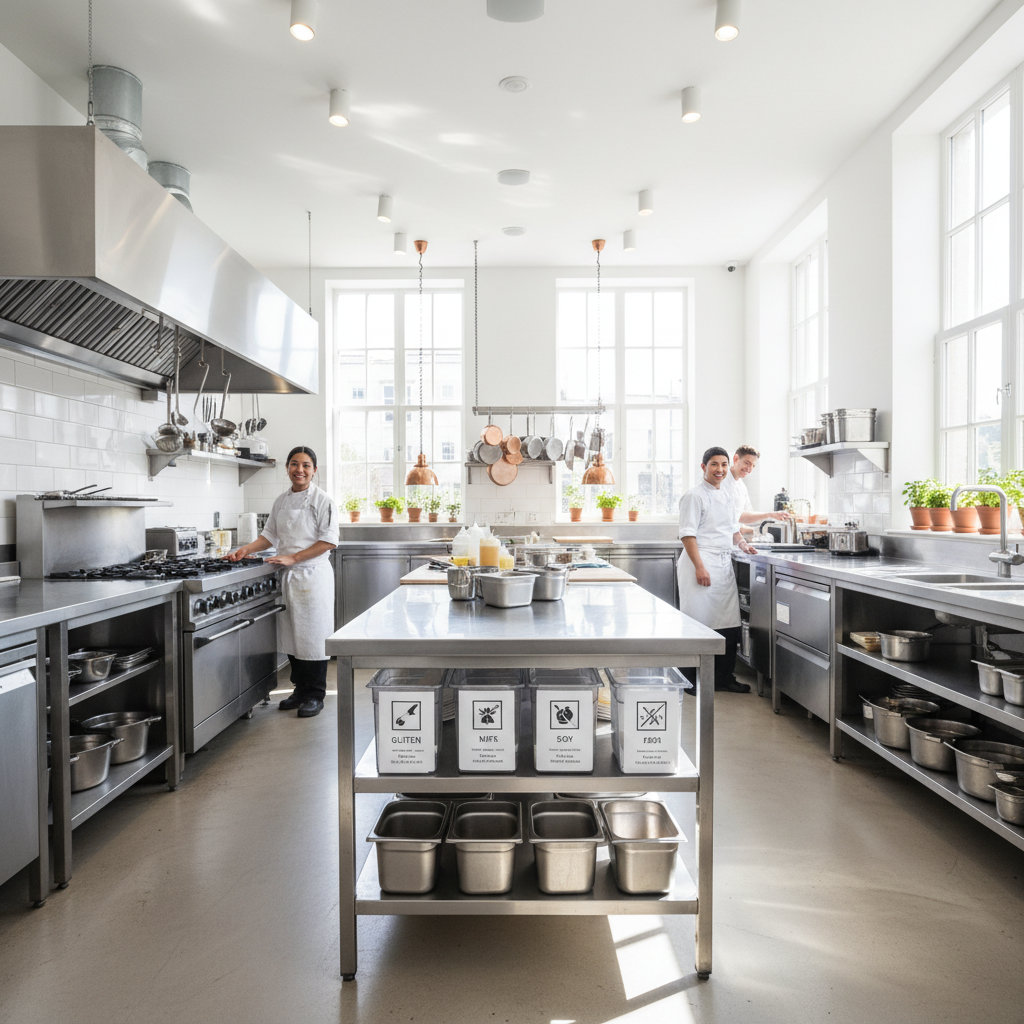 Clean, accessible community kitchen with stainless steel surfaces and wide aisles suitable for wheelchair users, warm overhead lighting