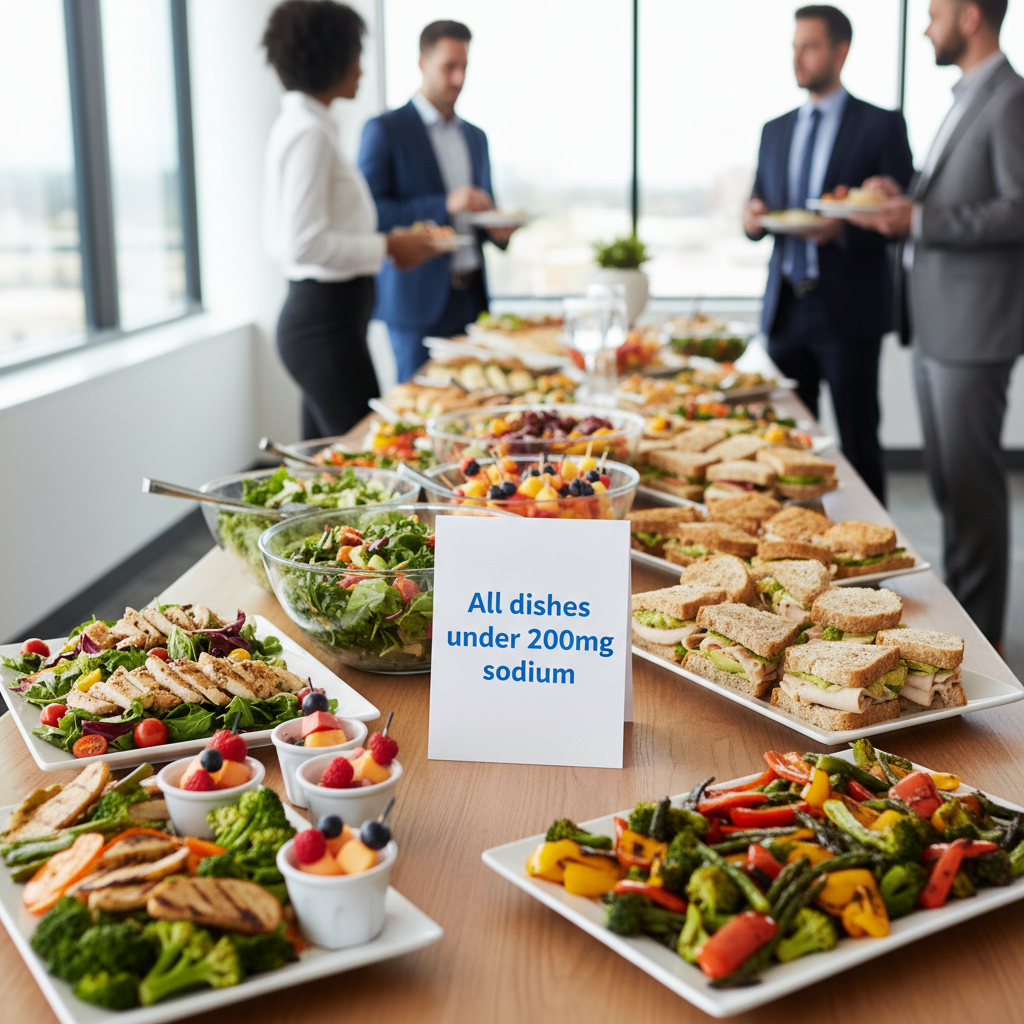 Office catering spread with a tent card reading all dishes under 200mg sodium