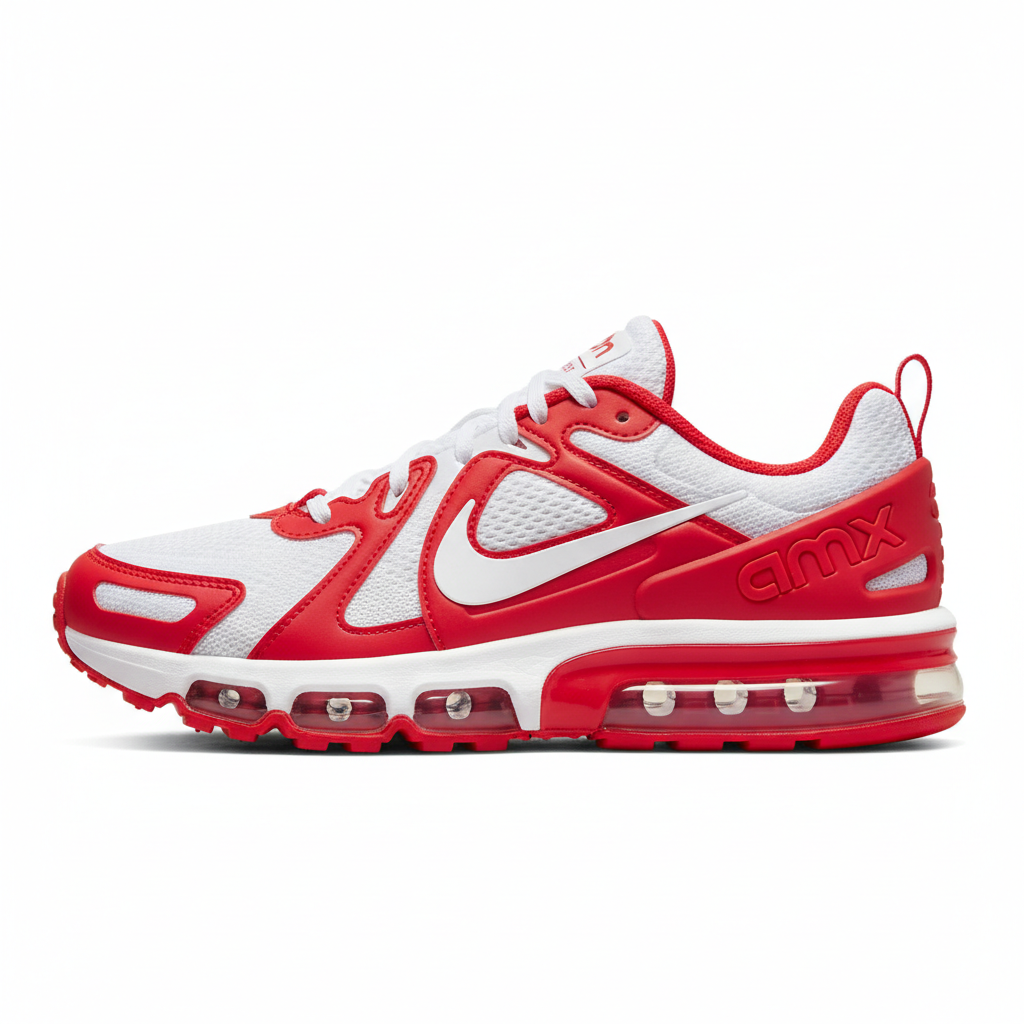 Bright red and white Nike running shoe with Air Max sole unit displayed on clean white surface