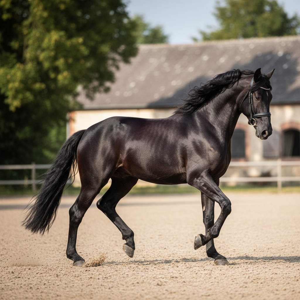 Elegant dressage horse performing a collected trot in a sand arena