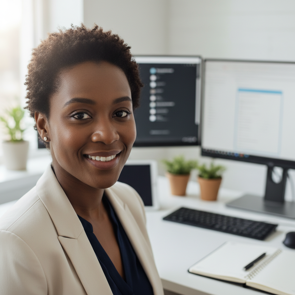 Professional headshot of African American woman project manager, business professional, bright clean background