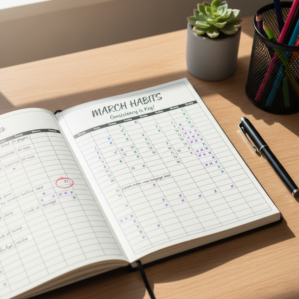 Open bullet journal with colorful habit tracker spread and pens arranged neatly beside it