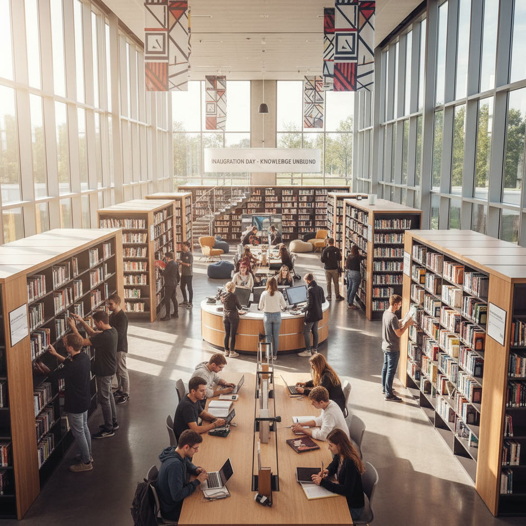Adolescents travaillant en groupe dans une bibliothèque scolaire moderne