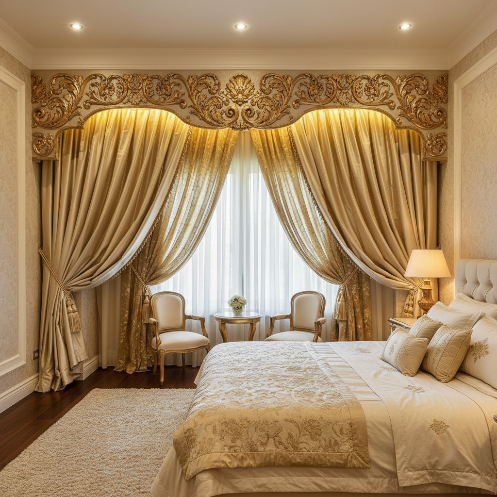 Luxury bedroom suite with layered window treatments