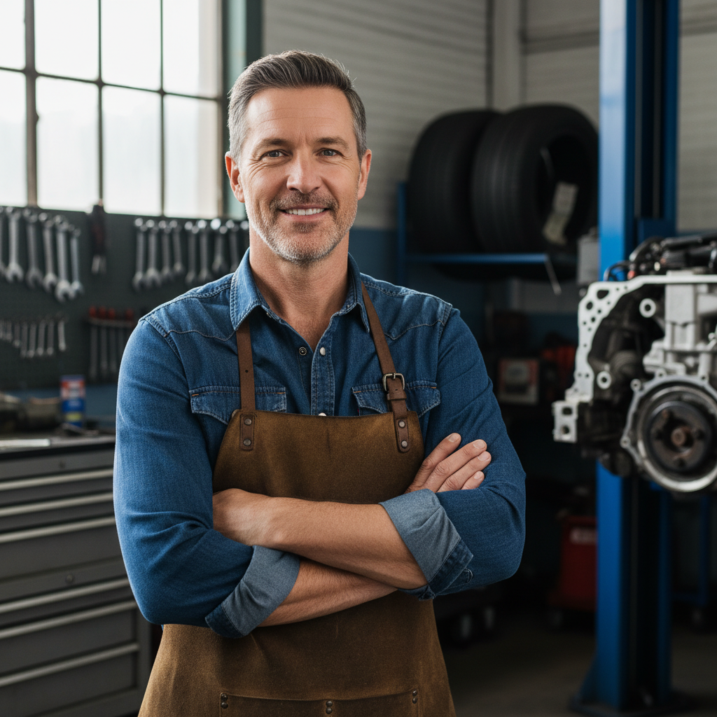 Albanian auto service director, man, casual shirt, confident pose