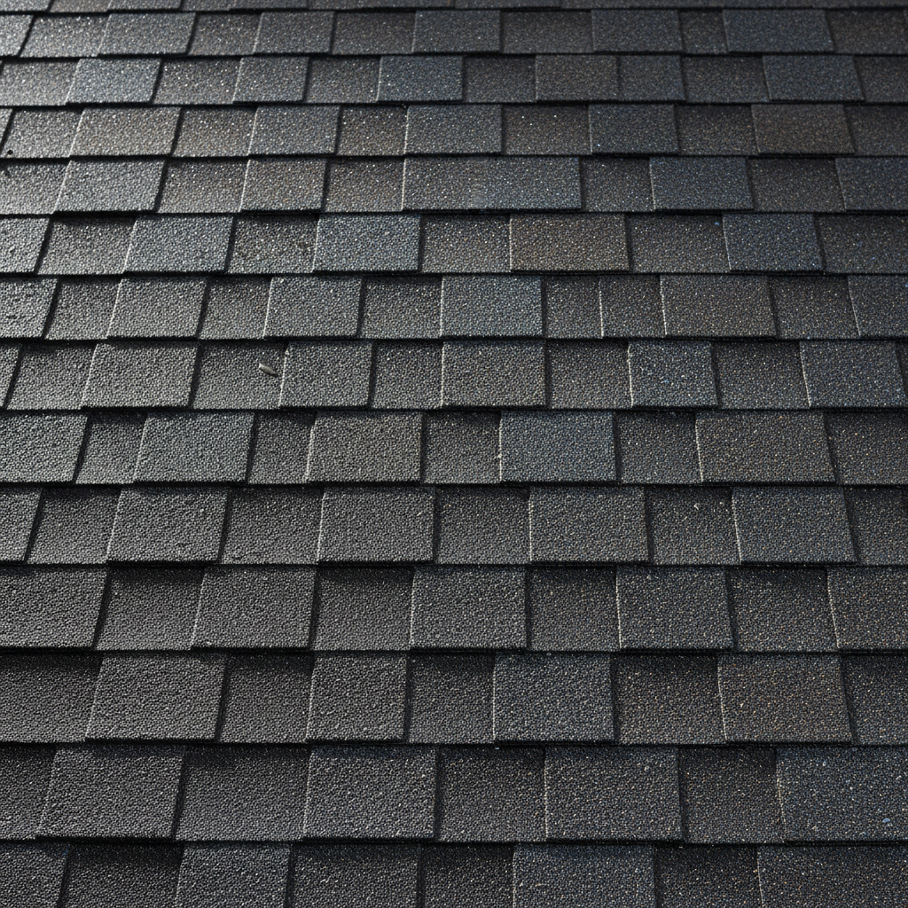 Close-up of premium architectural asphalt shingles installed in a precise overlapping pattern, charcoal grey color