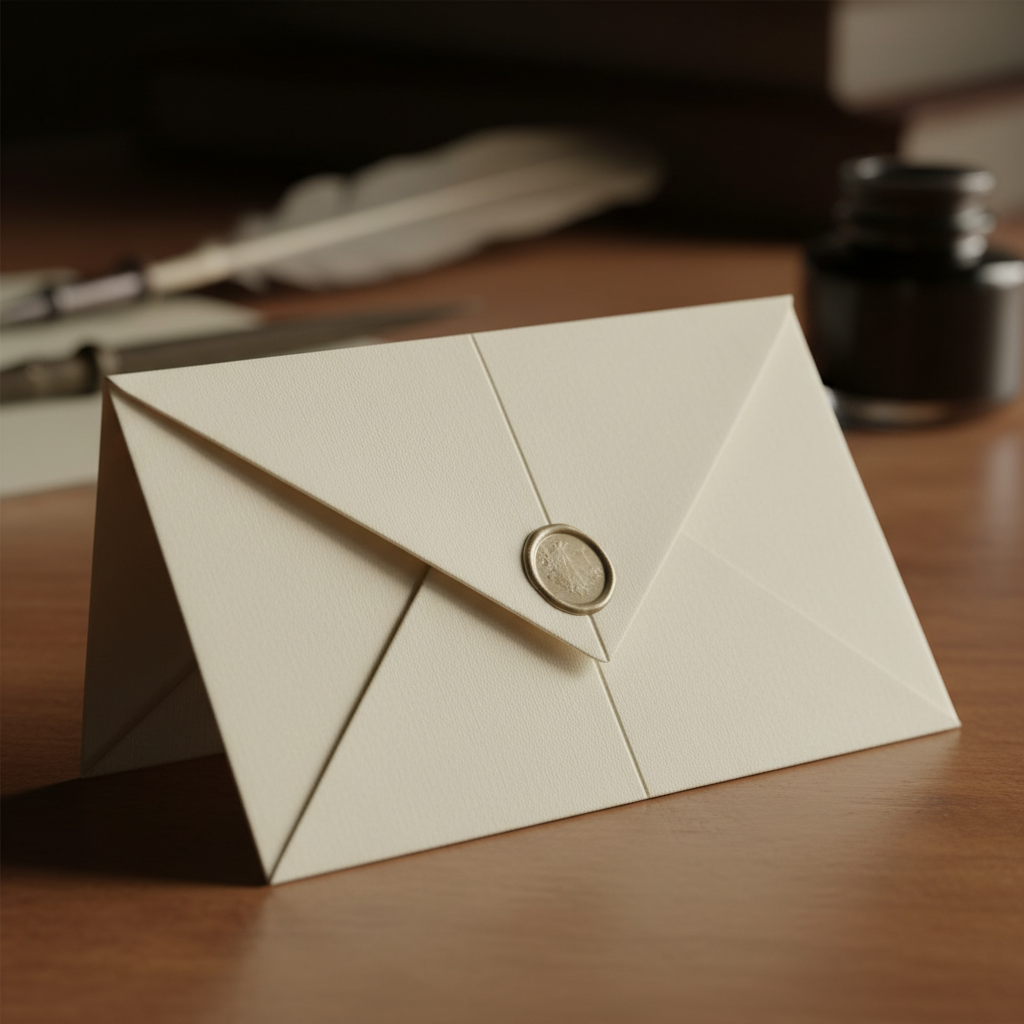 Cream colored origami envelope folded from writing paper with neat creases