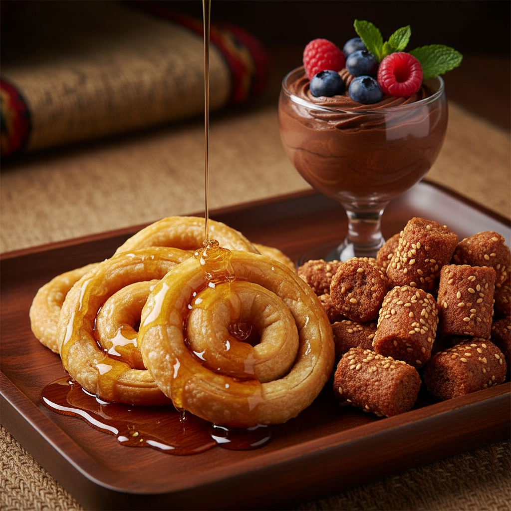 Dessert tray with rugelach, honey cake slices, and coconut macaroons