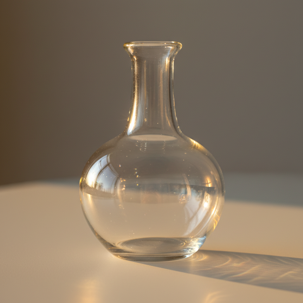 Hand-blown borosilicate glass flask catching golden afternoon light
