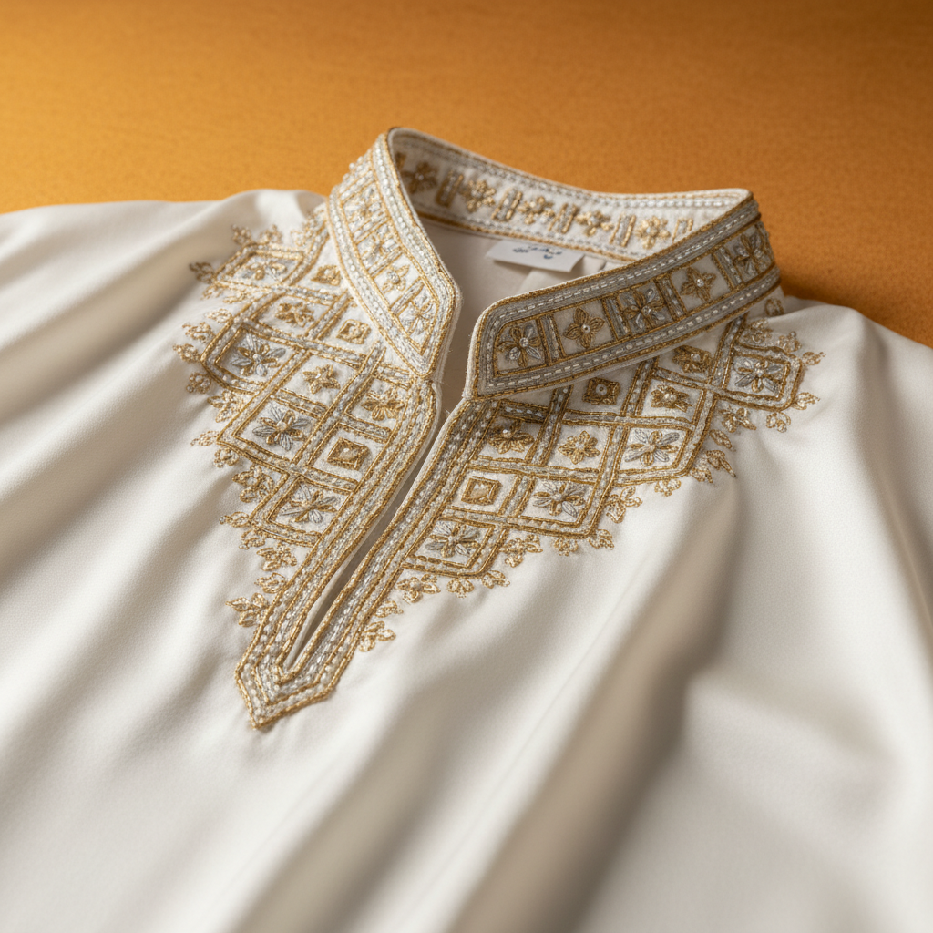 Premium white thobe garment displayed on dark background, elegant Arabic fashion, gold embroidery details, luxury fabric