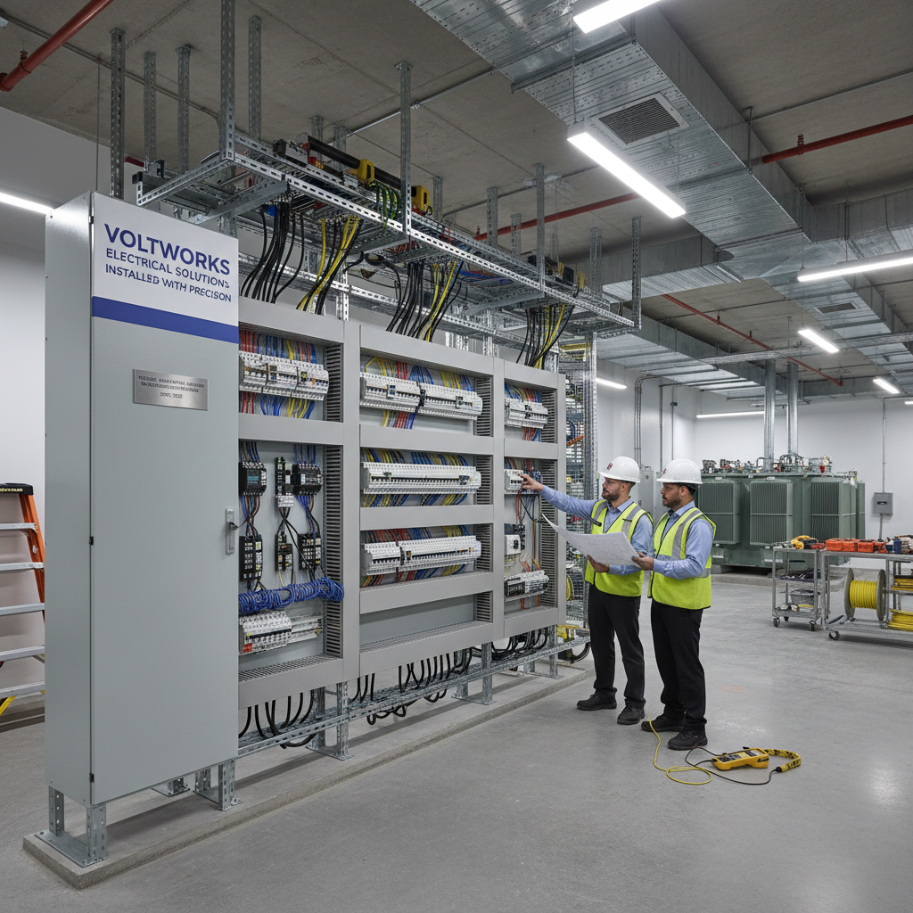 Electrical engineer in hard hat and safety vest inspecting large switchgear panel in brightly lit substation