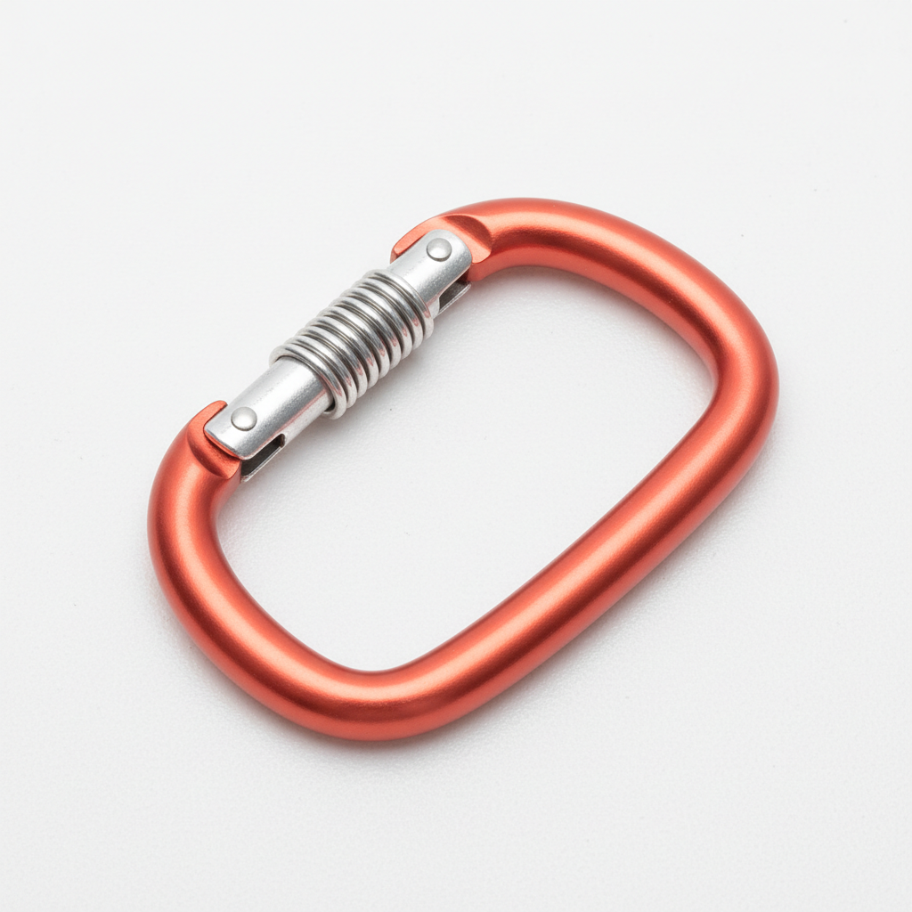 Bright coral-anodized carabiner gate open and snapping shut in slow motion, showing precision spring mechanism