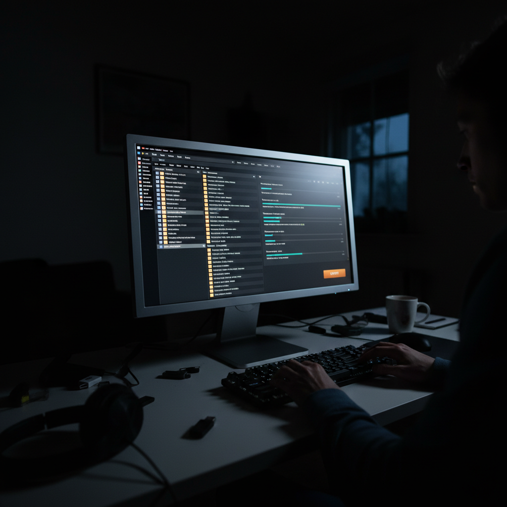 Computer screen showing file management and export interface, dark atmospheric environment, dim screen glow, cinematic low-key lighting
